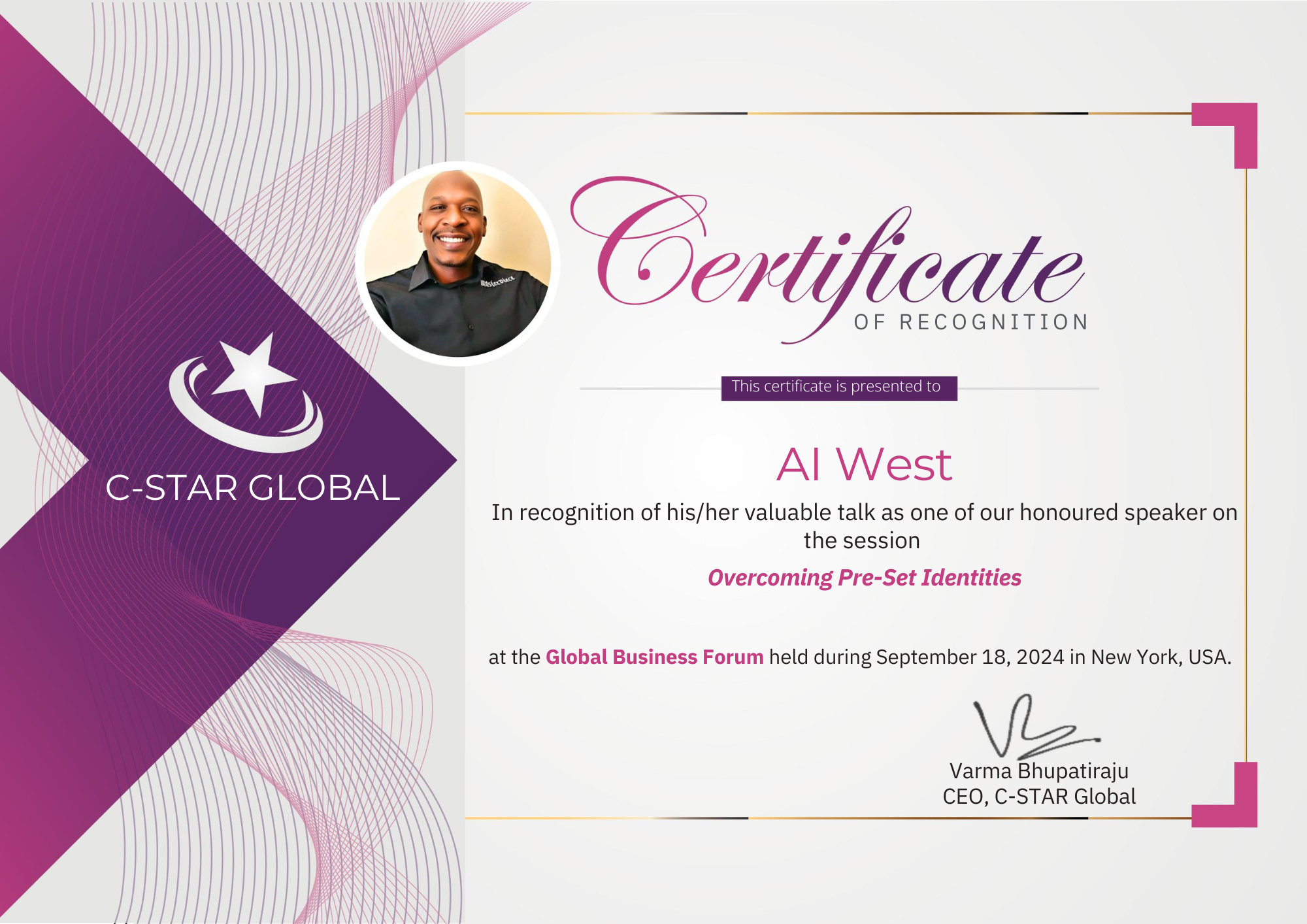 Certificate of Recognition - Global Business Forum New York